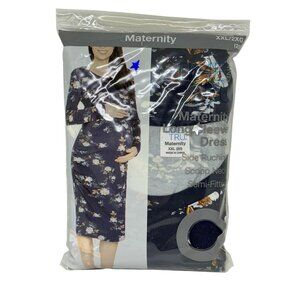 NEW Time and Tru Maternity LS Dress 2XL 20 Navy Blue Floral Semi-Fitted Comfort